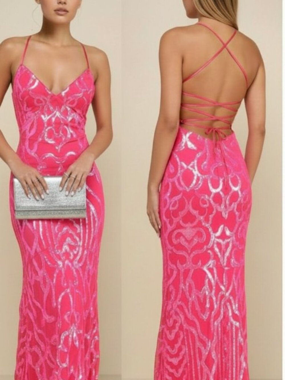 Lulus Perfect Enchantment Hot Pink Sequin Lace-Up Mermaid Maxi Dress Medium New - Picture 5 of 7